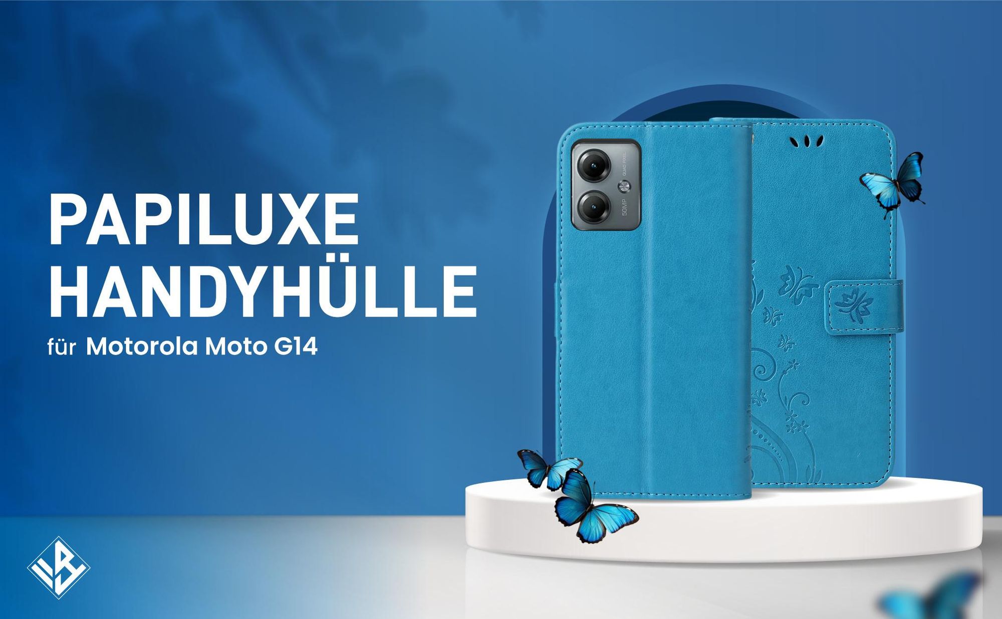 Blaue Klapphülle im Schmetterling Design für Motorola Moto G14 mit Wallet-Funktion