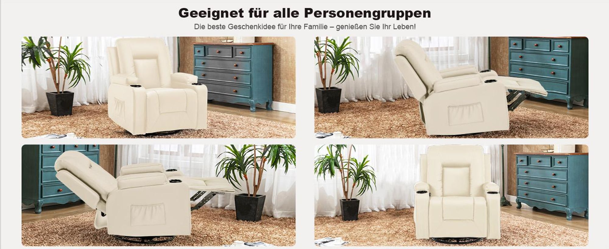 COMHOMA Relaxsessel mit Wippfunktion Fernsehsessel TV Sessel mit Liegefunktion, Dicke Rückenlehne und Armlehnen, 360°drehbar für Zuhause/Büro, weiß