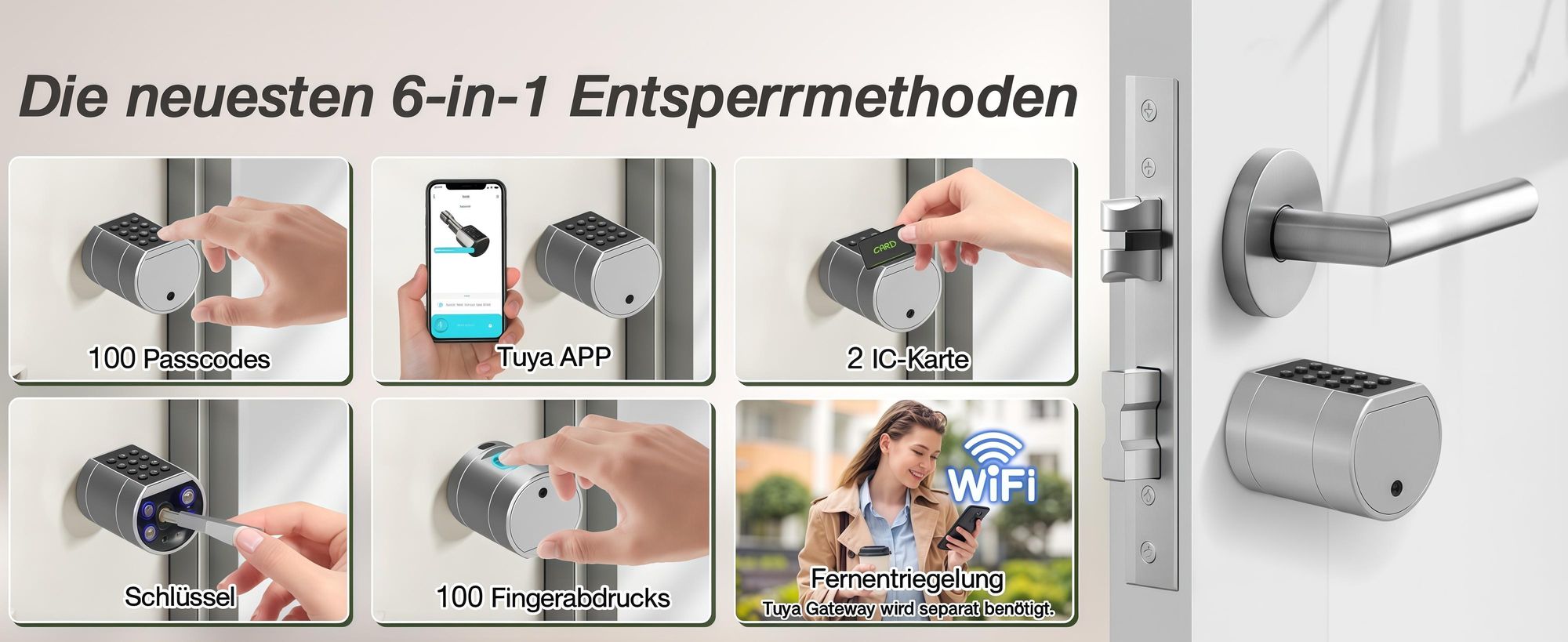 Fingerabdruck Smart Lock, Elektronisches Türschlos Haustürschloss, Zylinder 35-70mm, öffnen mit Tuya APP, Fingerabdruck, PIN-Code, RFID, Notschlüssel