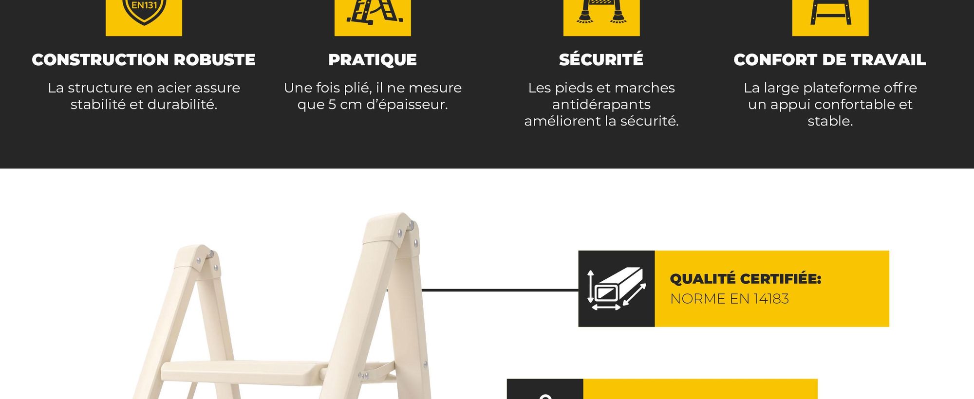 Drabest | Chef d'étage - Modèle élancé - 2 niveaux - Pliable - Charge maximale : 150 kg - Couleur crème