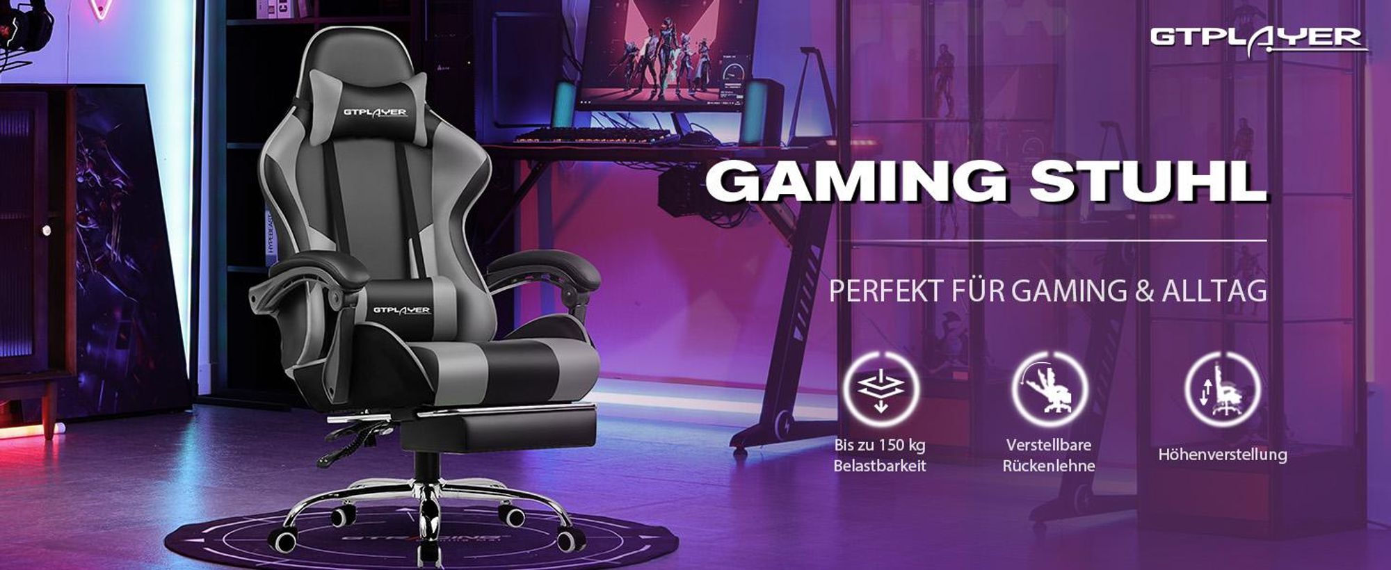 GTPLAYER Gaming-Stuhl Schreibtischstuhl, Ergonomischer Bürostuhl Mit Massagefunktion und Fußstütze, Gestänge Handlauf, Fußkreuz aus Stahl, Grau