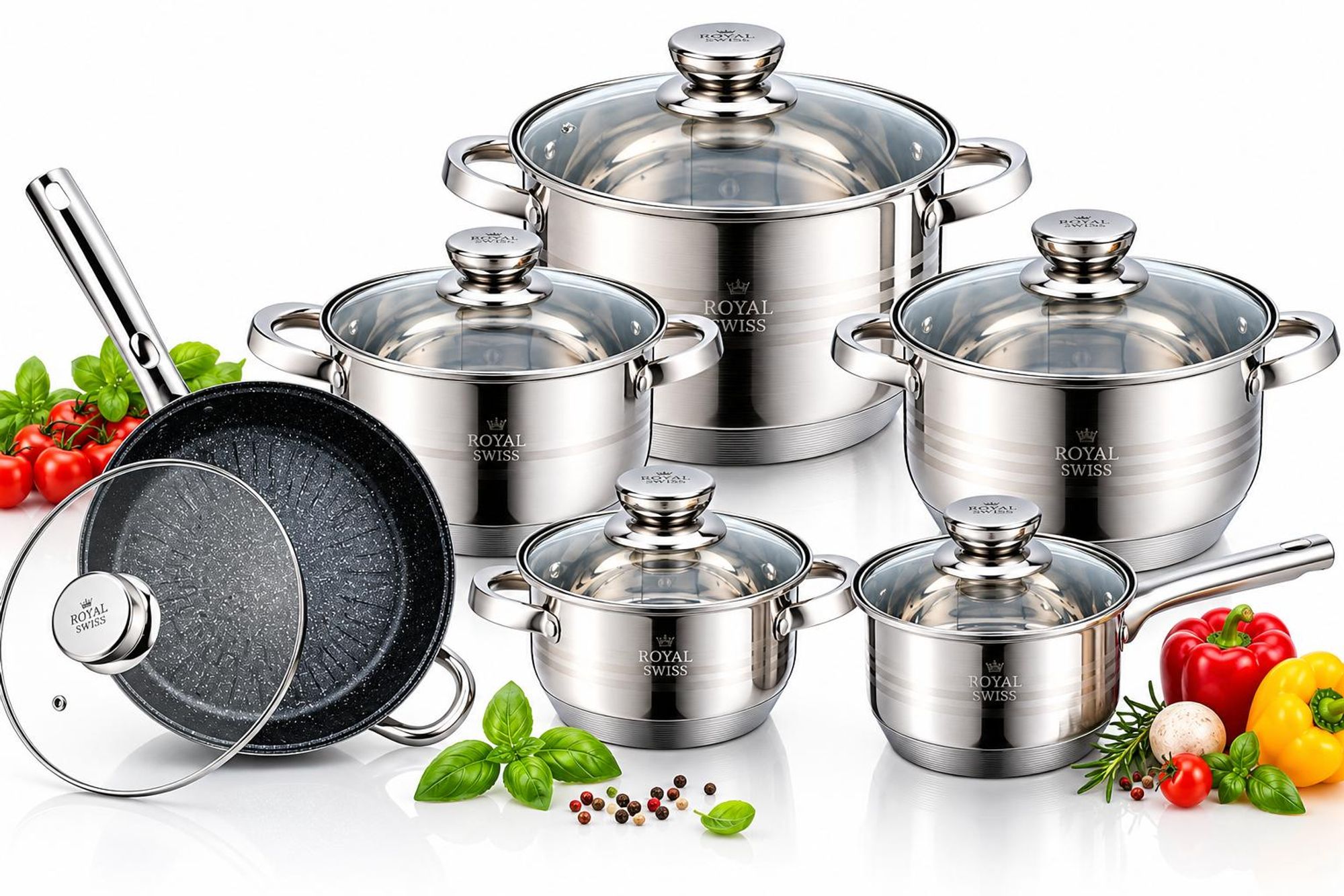 Kochtopfset 12-teilig Edelstahl mit Glasdeckeln Für Induktion Gas & Elektro Royal Swiss