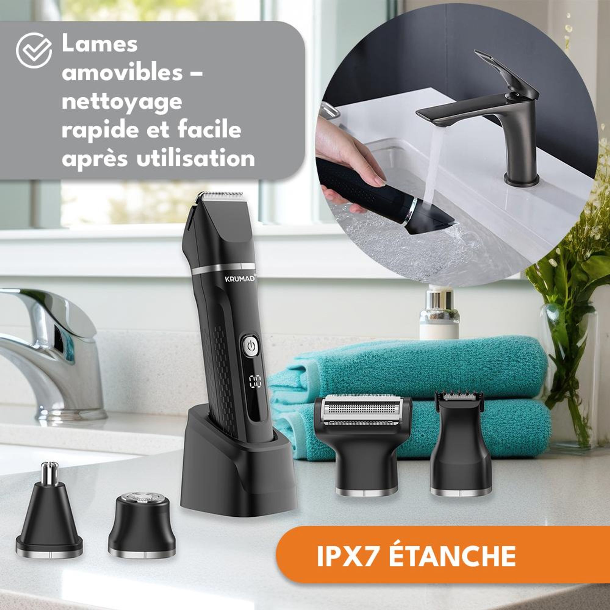 KRUMAD Tondeuse à cheveux 6-en-1 IPX7 - Tondeuse à barbe pour hommes, rasoir électrique & tondeuse à poils de nez avec écran LED - 120 min d'autonomie & 4 embouts