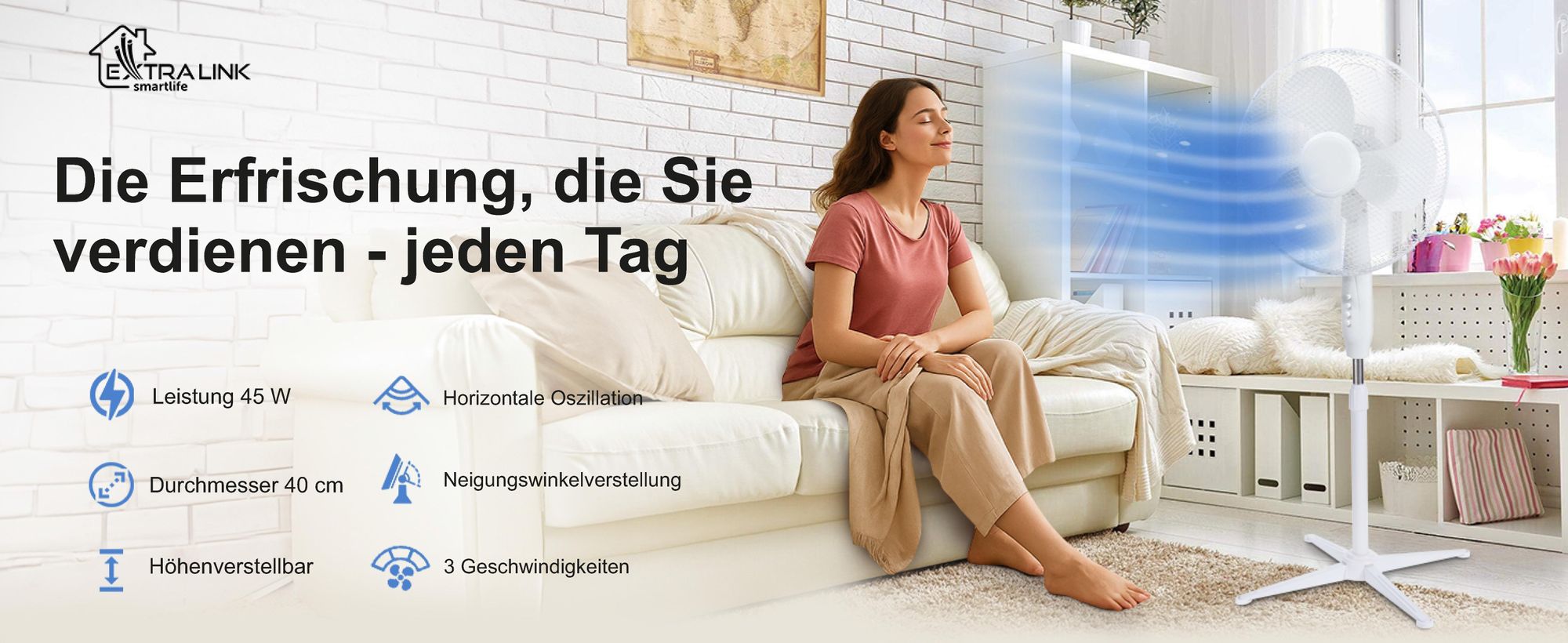 EXTRALINK Standventilator 45W – Weiß, leise, Luftkühlung, leistungsstark