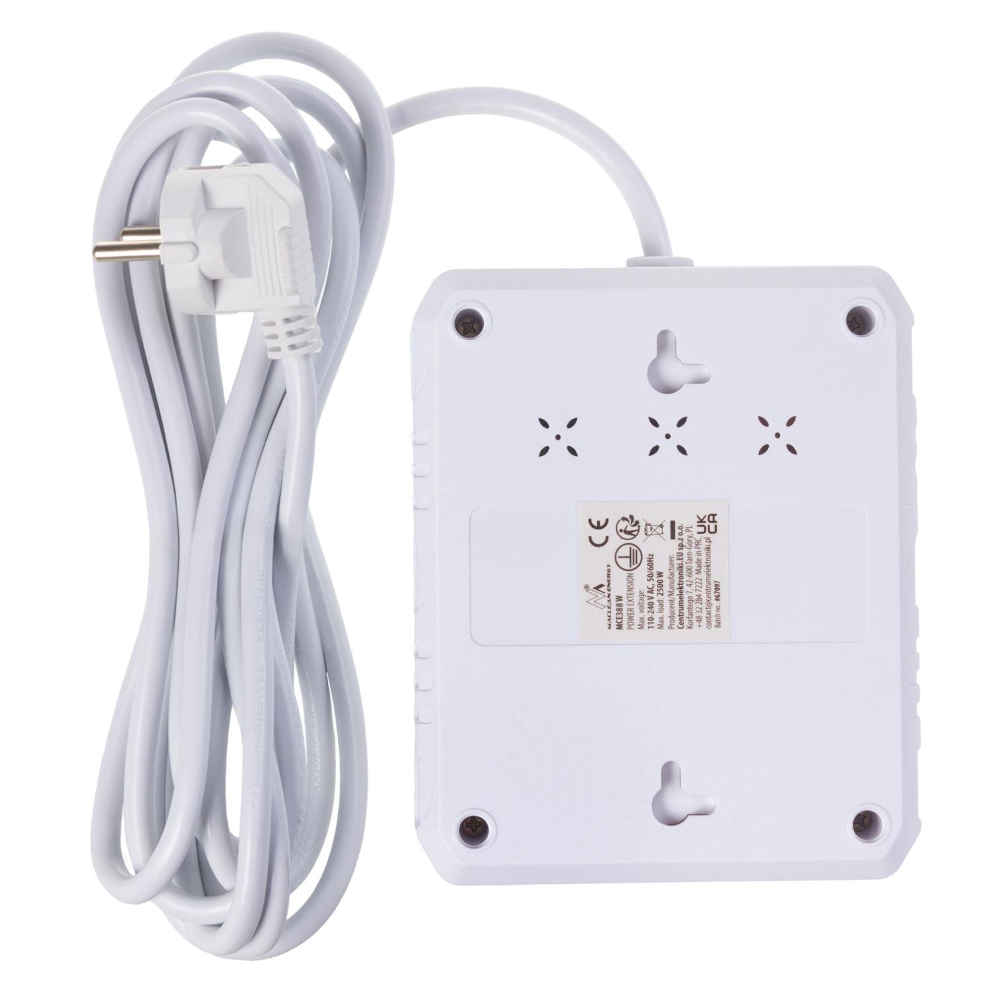 Maclean Steckdosenleiste Verlängerungskabel 2 Steckdosen + 3xUSB 110-240V AC 50/60Hz 2,1A max 2500W 3 m weiß MCE388 W