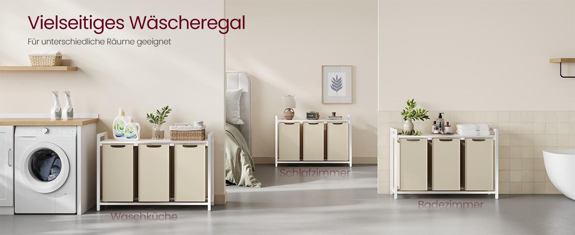 VASAGLE Wäschekorb 3 Fächer, Wäschesammler mit Ablage, Wäschebox, Wäschesack ausziehbar abnehmbar, 3 x 40 L, beige