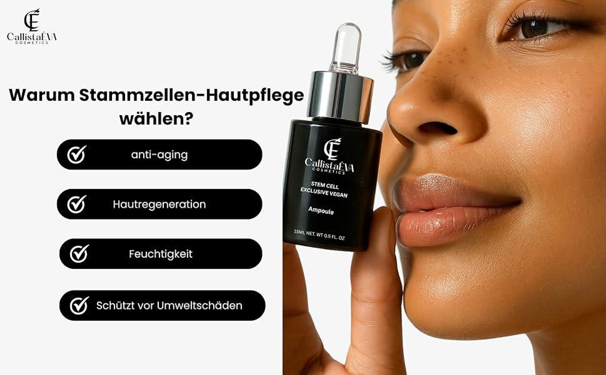 CallistaÉVA Hyaluron Stammzellen Ampullen [ Germany] –Veganes Anti-Aging Hydrating Serum mit Pflanzenstammzellen, Panthenol– Beruhigendes, Straffung & Feuchtigkeit – Trockene, alle hauttypen 15ml