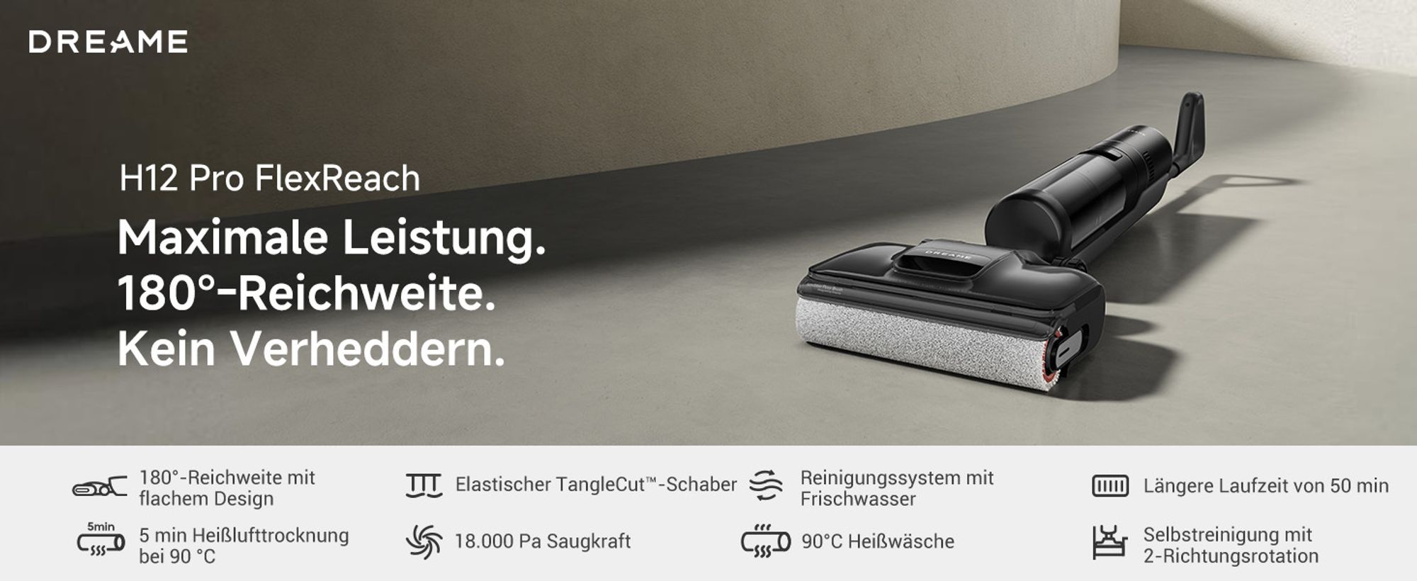 Dreame H12 Pro FlexReach Nass- und Trockensauger,Kabelloser Staubsauger-Mopp ohne Verwicklungen für Hartböden,180°Liegefläche,Heißluft-Selbstreinigung