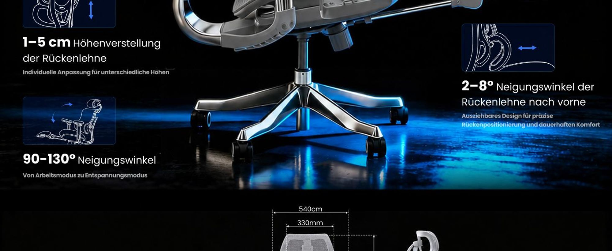 FLEXISPOT ErgoX Max Ergonomischer Bürostuhl bis 300 kg, mit Fußstütze, 4D Kopfstütze & 5D Armlehnen, Einteiliger Rücken- & Lendenstütze, Grau