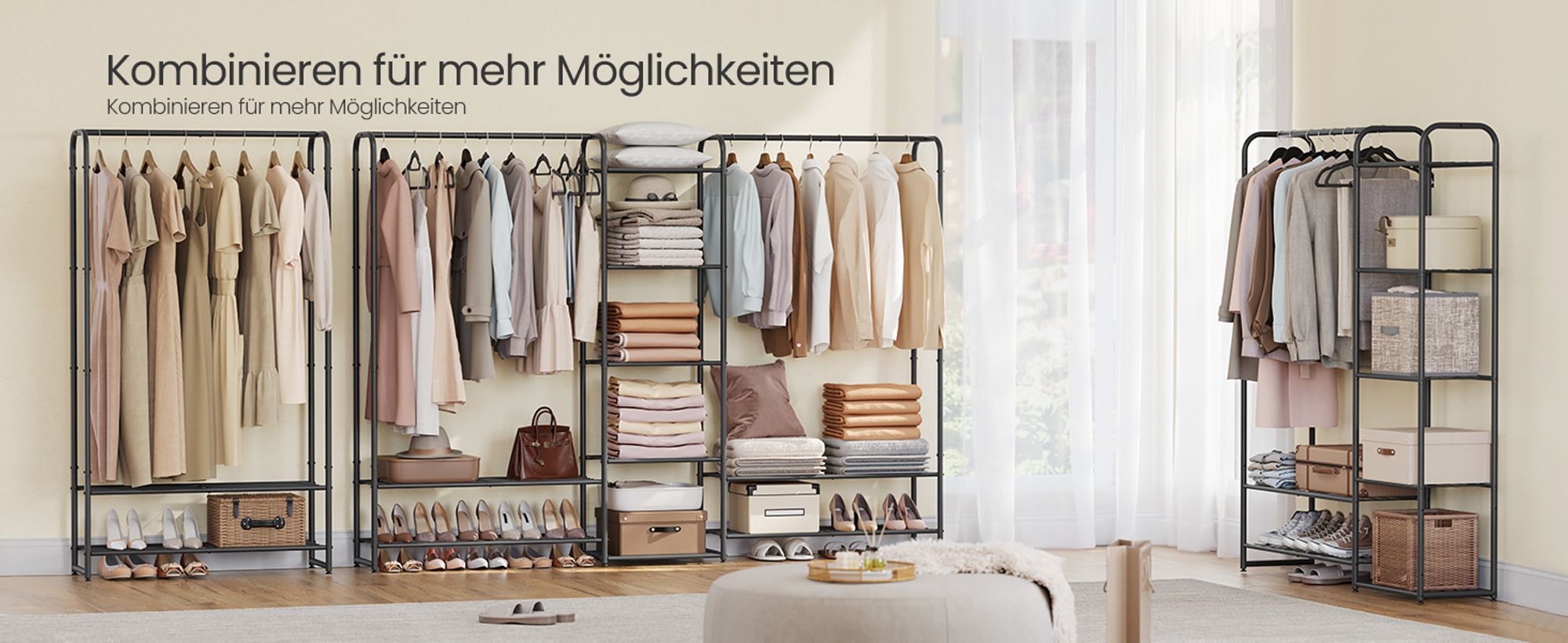 SONGMICS Kleiderständer, offener Kleiderschrank, Kleiderstange, Garderobenständer mit Ablagen, Garderobe aus Metall, freistehend, mattschwarz