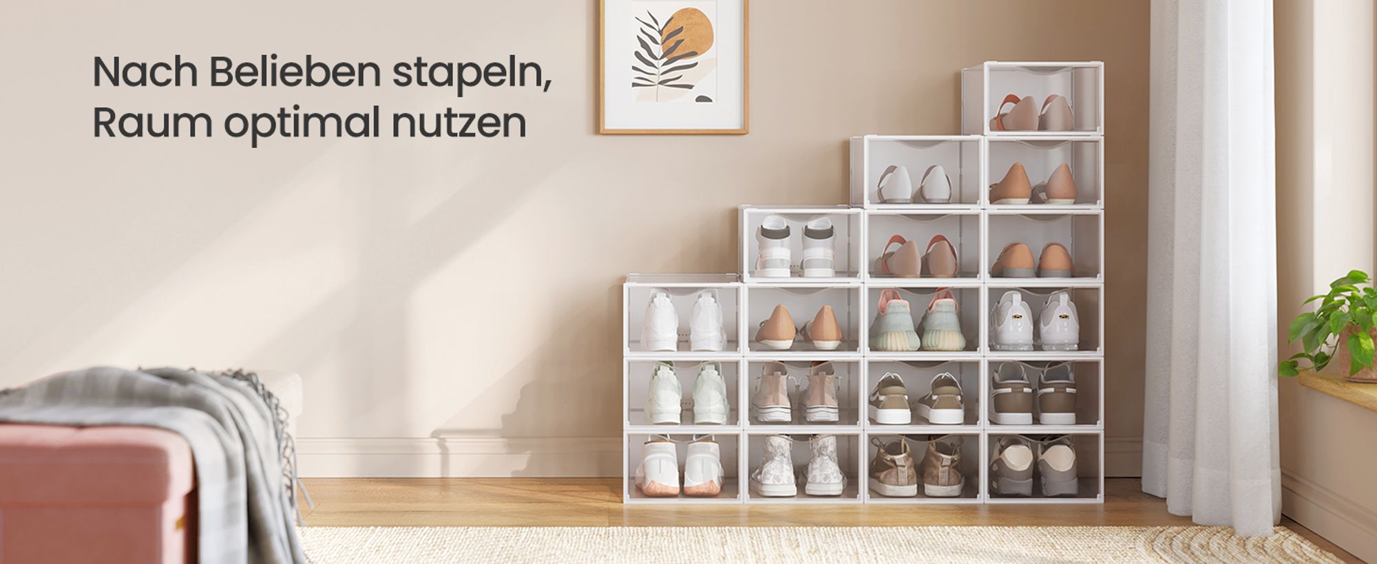 Schuhboxen, 18er Set, durchsichtig, aus Kunststoff, mit Tür, stapelbar, 33,2 x 23 x 14,5 cm, transparent-wolkenweiß