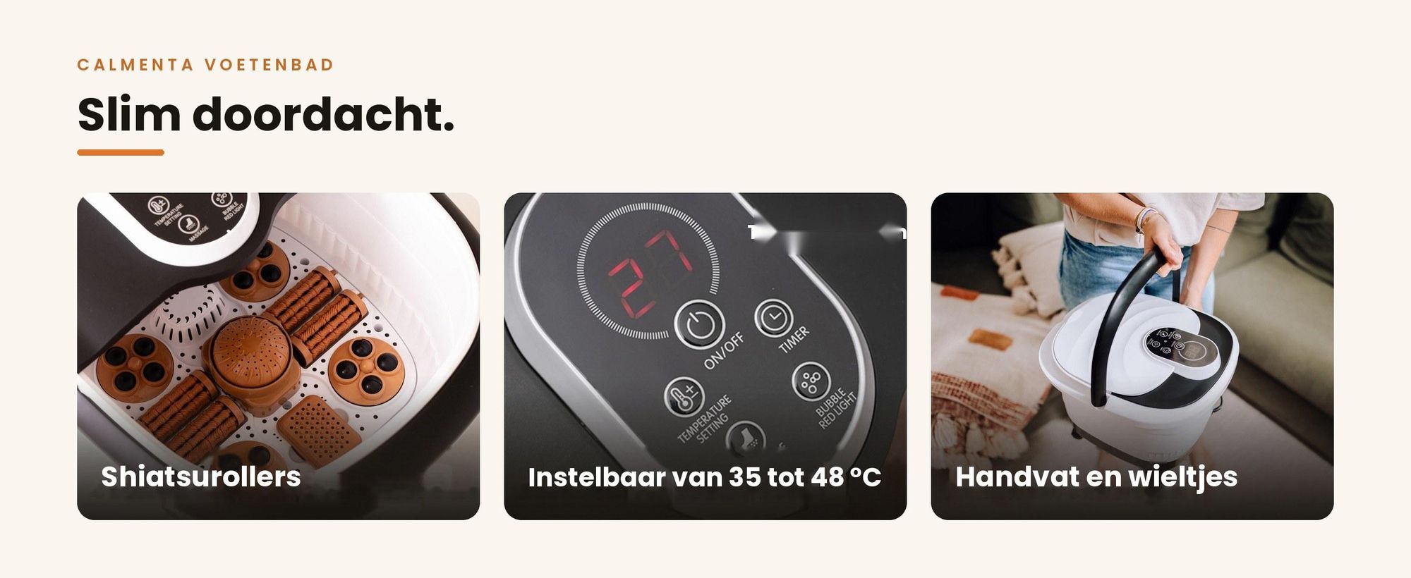 Details van het Calmenta voetenbad: rollers, bedieningspaneel en handvat