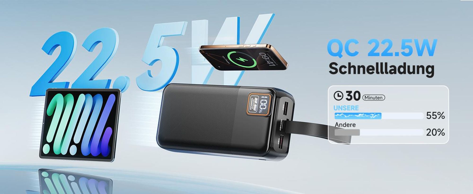 Powerbank, 42000mAh Power Bank, Externer Akku, Tragbares Ladegerät, 22.5W Schnellladung, für iPhone 16/15/14/13, Tablet, Galaxy S25, Huawei