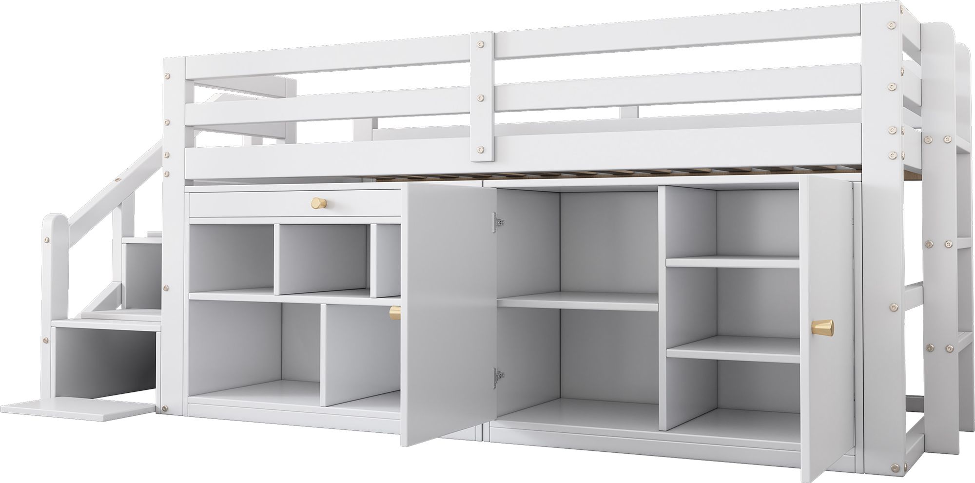 Flieks Etagenbett 90x200cm mit Schrank, Hochbett mit Leiter und Treppe, Kinderbett Stockbett Einzelbett mit Rausfallschutz, Holzbett für Kinder, Weiß