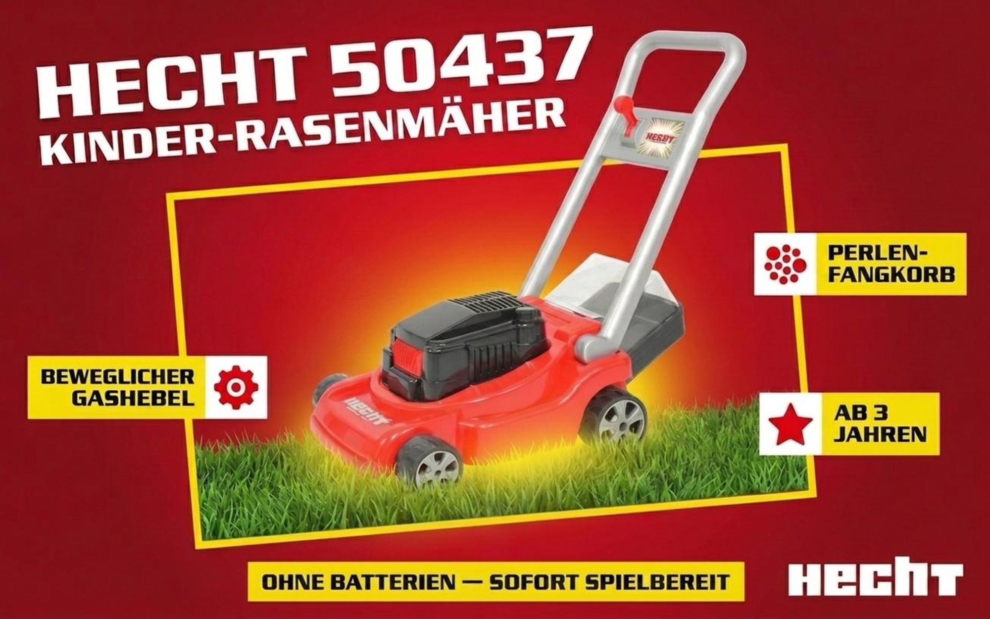 Kinder Rasenmäher Spielzeug HECHT 50437 | Wirbelnde Perlen-Fangkorb | Ohne Batterien | 52 cm Griffhöhe  EU