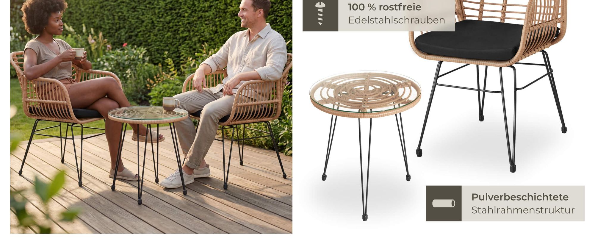 tectake® Rattan Sitzgruppe Molfetta 2+1 - UV Beständiges Polyrattan - Naturfarben - Wasserabweisend - Glasplatte abnehmbar