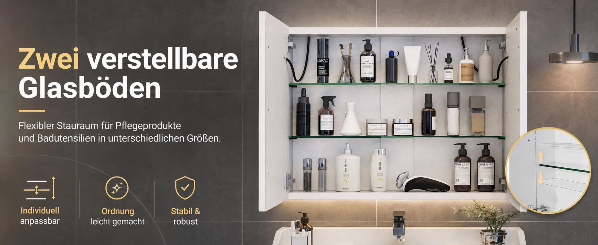 Spiegelschrank Bad mit verstellbaren Glasböden und praktischem Stauraum für Pflegeprodukte.