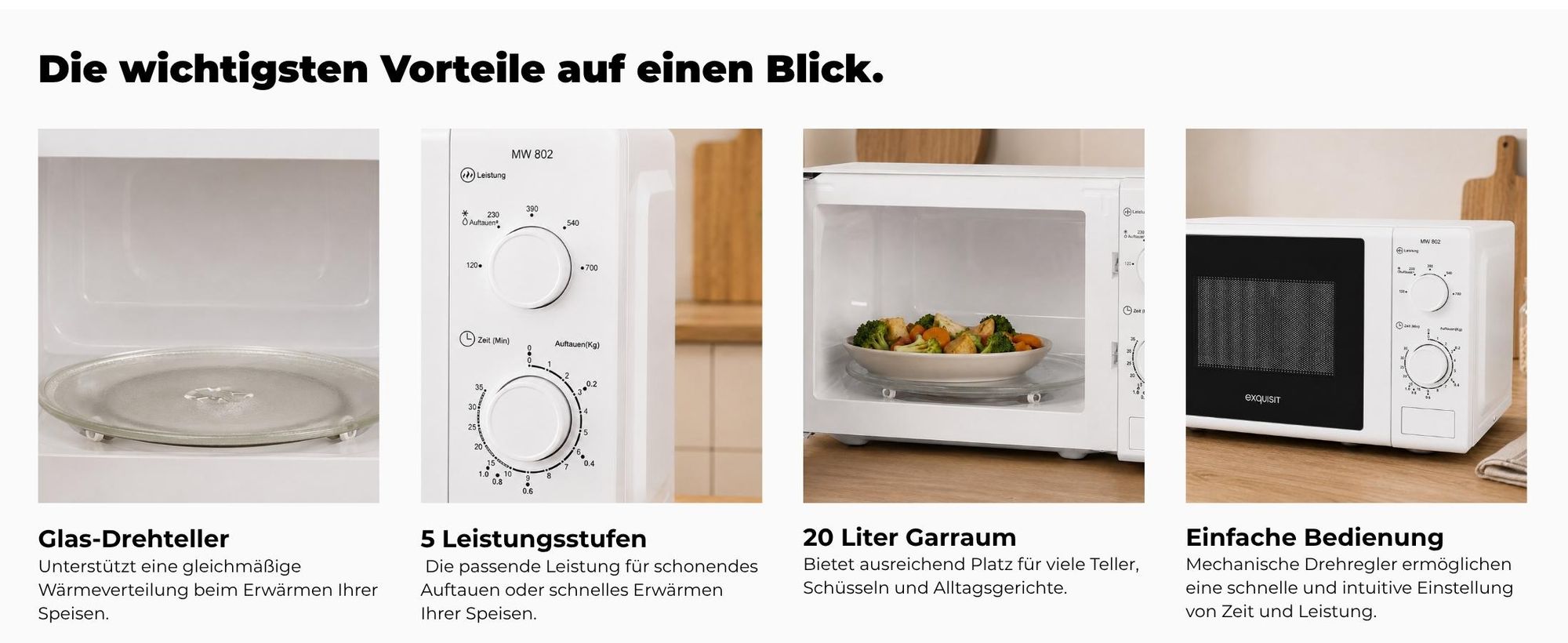 Exquisit Mikrowelle 20L, 700 Watt, 25,5cm Drehteller, 5 Leistungsstufen, Timer, Auftaufunktion, 2 Drehregler, MW 802 weiss