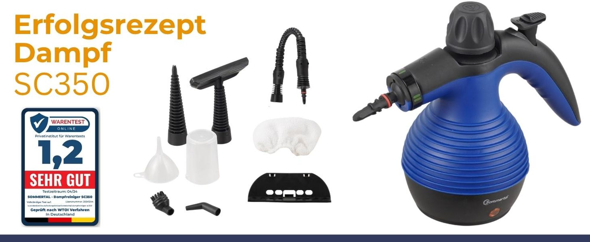 Sommertal Dampfreiniger Handgerät SC350 – Kompakter Hand-Dampfreiniger für alles – Polstermöbel, Fliesen, Böden, uvm – Steam Cleaner mit 350 ml Tank, 110°C Dampf, 3 Bar Druck