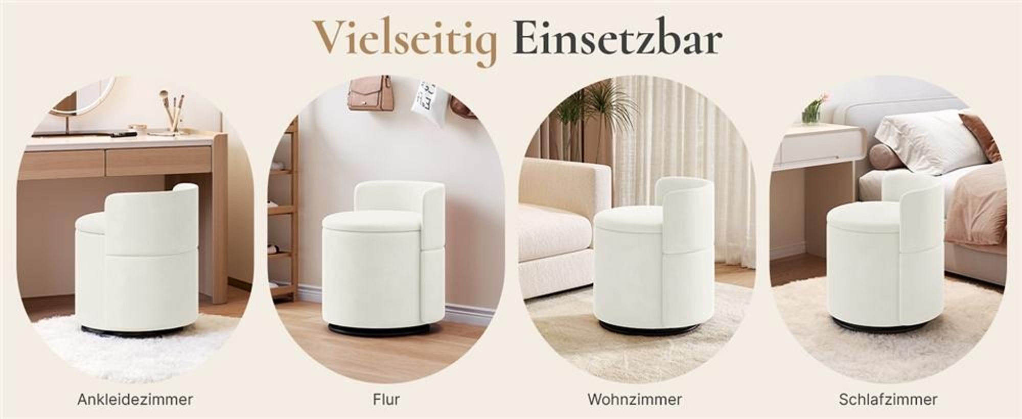Yaheetech Drehbarer Sitzhocker mit Stauraum 40 L, gepolsterter Schminkhocker, Hocker für Schminktisch, aus Samtbezug, bis 136 kg, Weiß