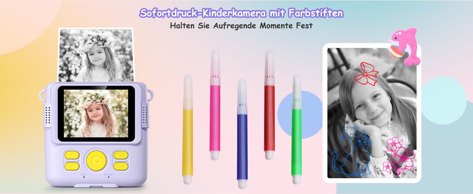 Kinderkamera, Sofortbildkameras, Sofortbildkamera, 1080P HD Sofortdruck von Fotos, 2.4 Zoll Bildschirm Digitalkamera mit 16x Digitalzoom, 32GB Karte