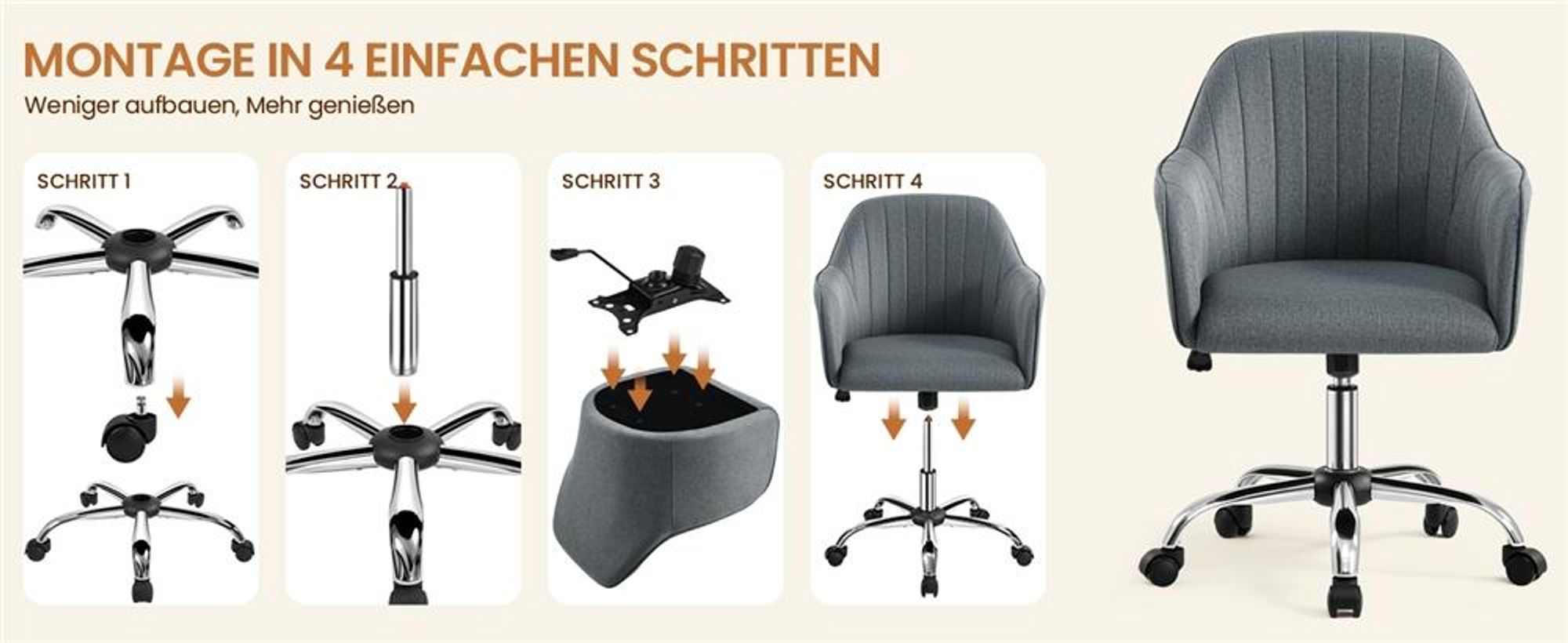 Yaheetech Bürostuhl Schminkstuhl, höhenverstellbarer Schreibtischstuhl, Drehstuhl mit Armlehnen,  atmungsaktiv, bis 136 kg, Dunkelgrau