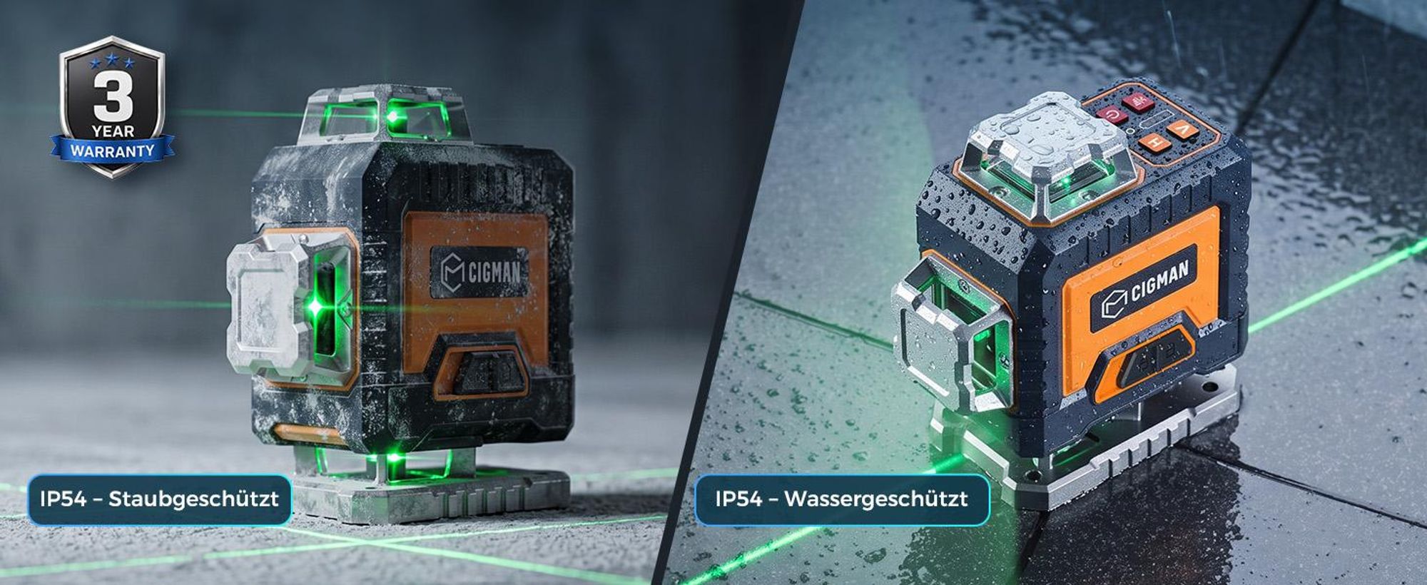 CIGMAN CMG16 Kreuzlinienlaser 4 x 360 Grad – App Steuerung, Grün, IP54