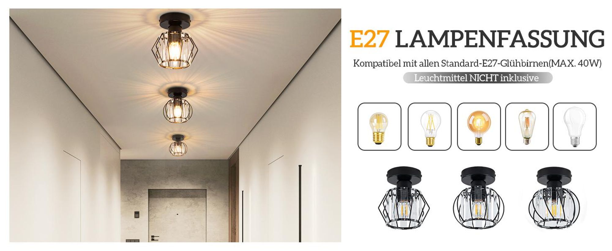 ZMH Plafondlamp Kristal, ganglamp, E27, zwart. Plafondlamp met metalen frame, geschikt voor keuken, gang, balkon, woonkamer, hotel