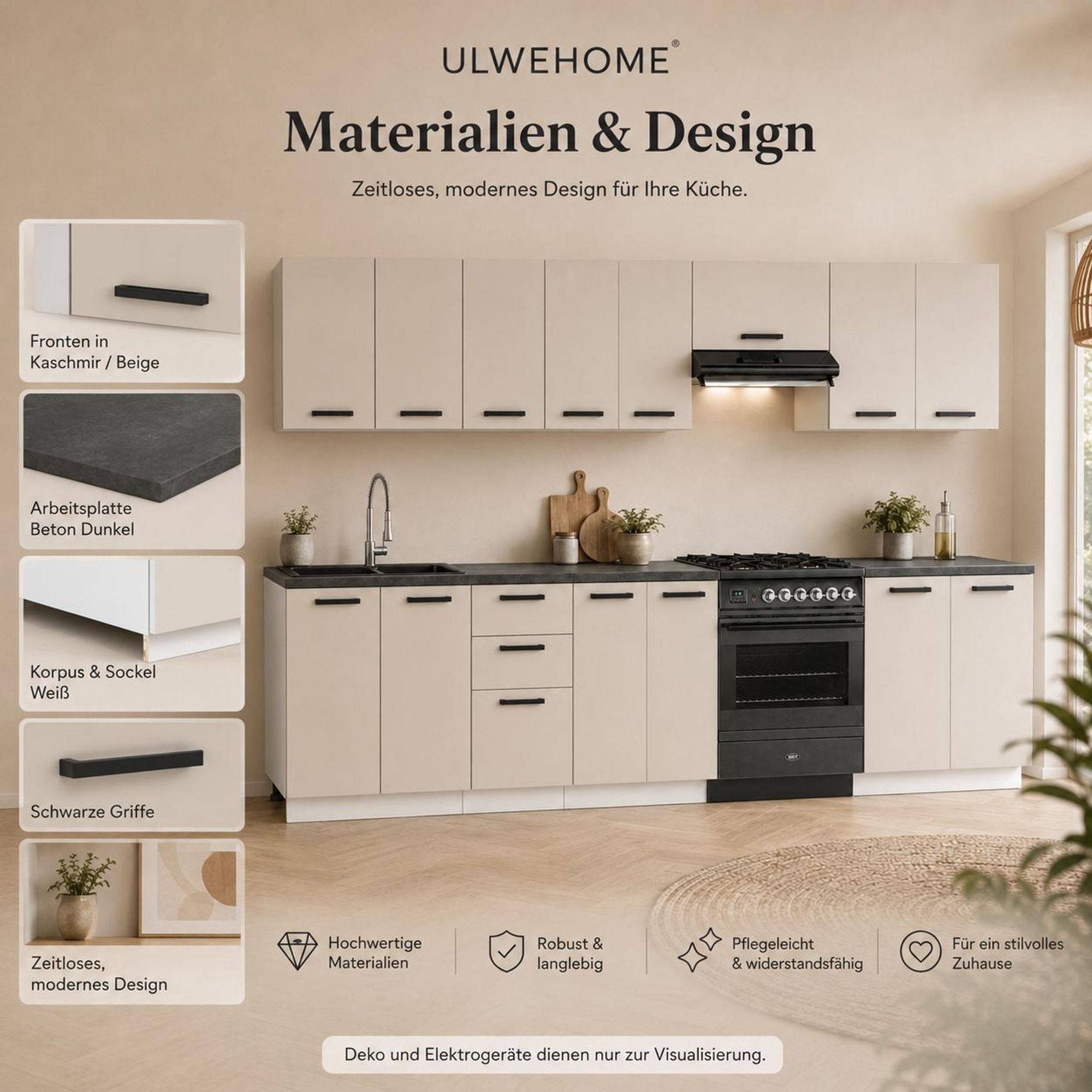 Küchenzeile Kaschmir Beige 320 cm: Details, Beton Platte & Griffe Schwarz