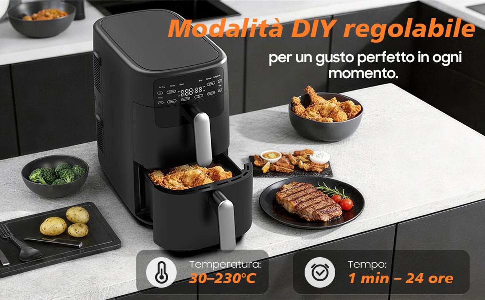 XXL 10L Friggitrice ad Aria Doppio Cestello 2700W, Circolazione 360°, Design Salvaspazio, 6 Programmi, Cottura Croccante con Poco Olio