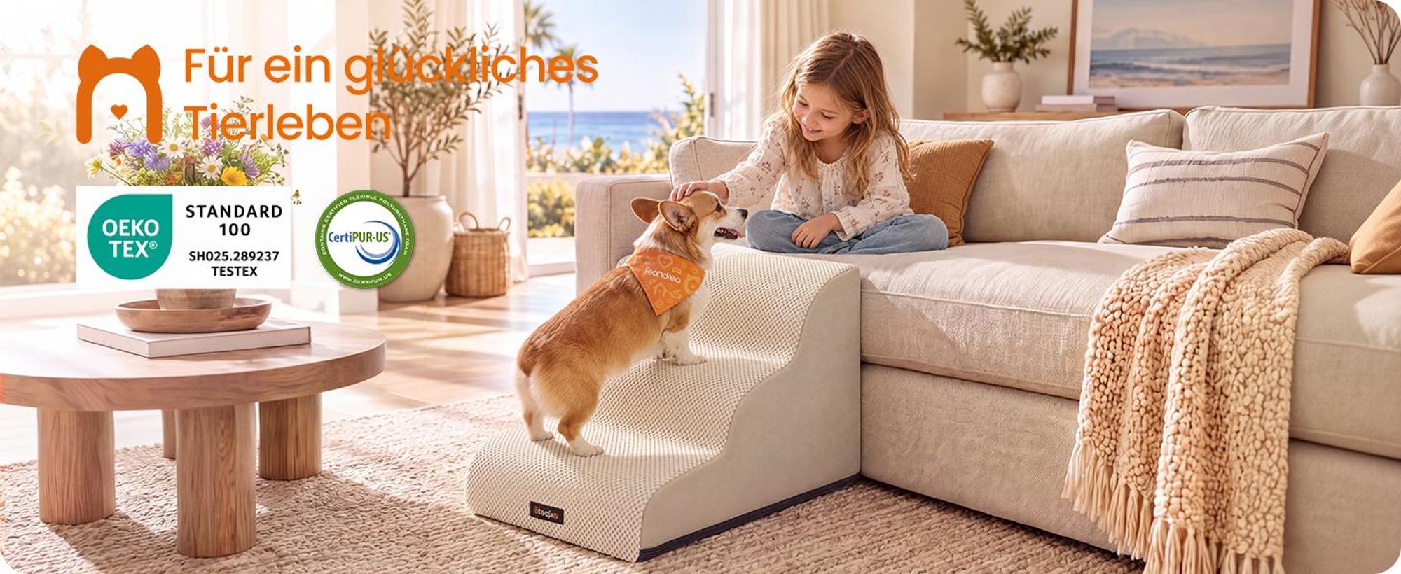 FEANDREA Hundetreppe für Kleine Hunde 3 Stufen Schaumstoff Hunderampe Rutschfest 57 x 40 x 40 cm Beige