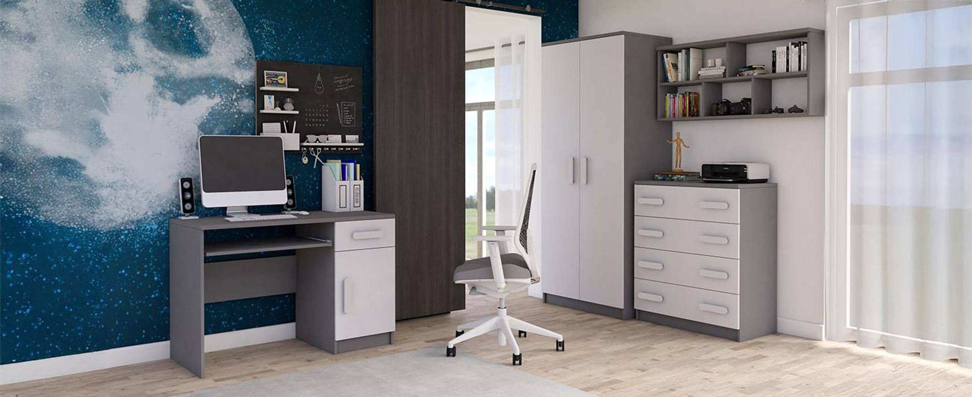 Drehtürenschrank JONAS 06 – Kinderschrank 80 cm Grau/Weiß mit weißen Griffen