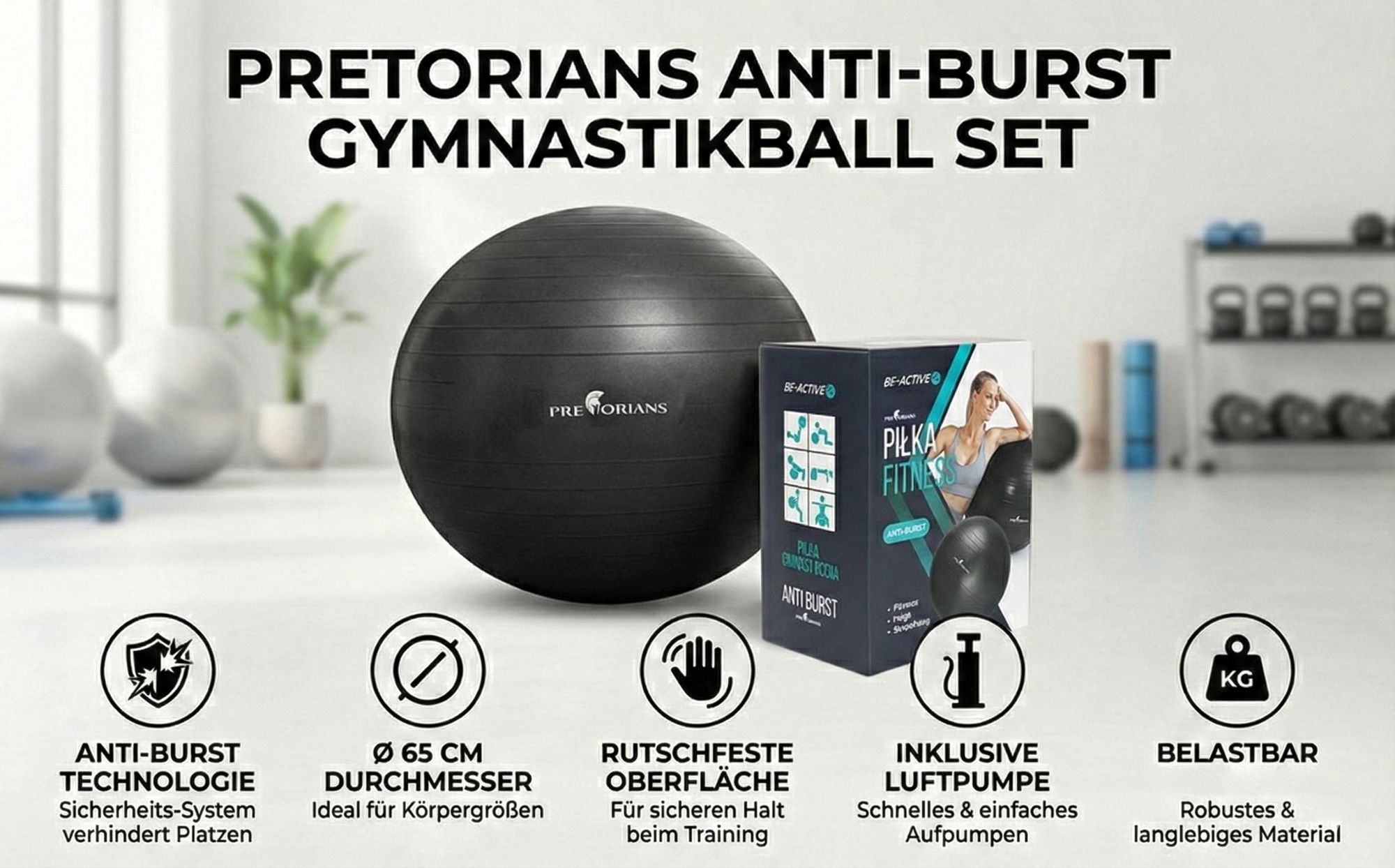 Gymnastikball 65 cm Anti Burst Fitnessball Sitzball Yoga-Ball bis 100 kg Schwarz