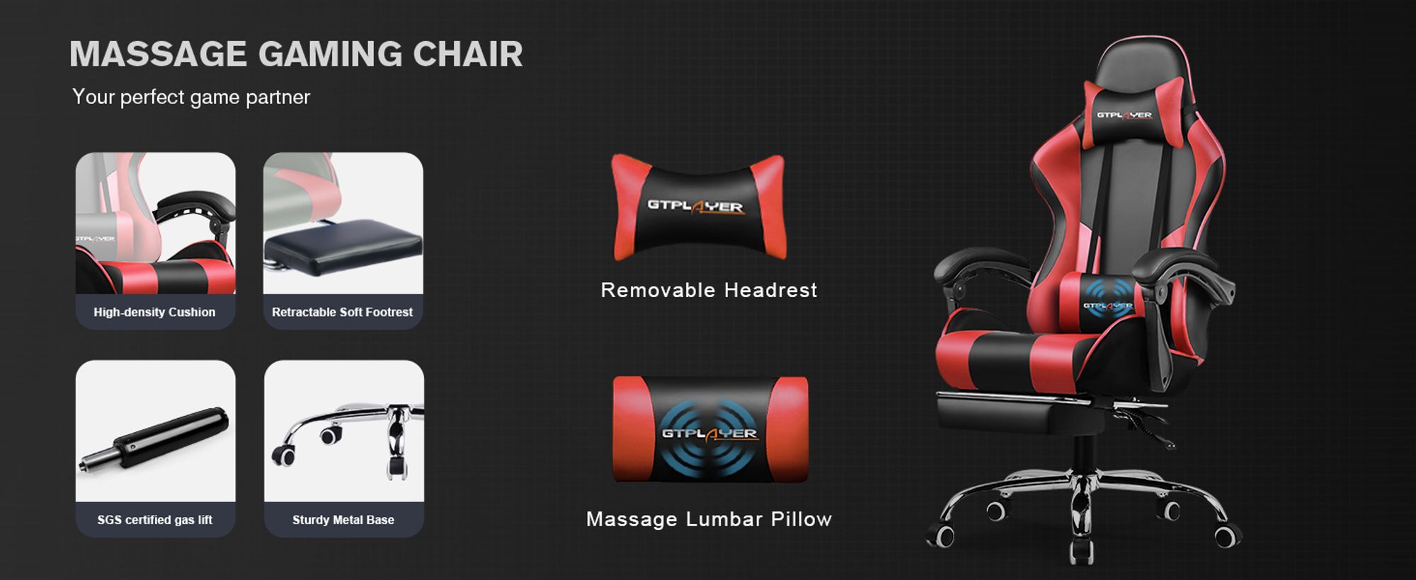 GTPLAYER Gaming-Stuhl Schreibtischstuhl, Ergonomischer Bürostuhl Mit Massagefunktion und Fußstütze, Gestänge Handlauf, Fußkreuz aus Stahl, Rot