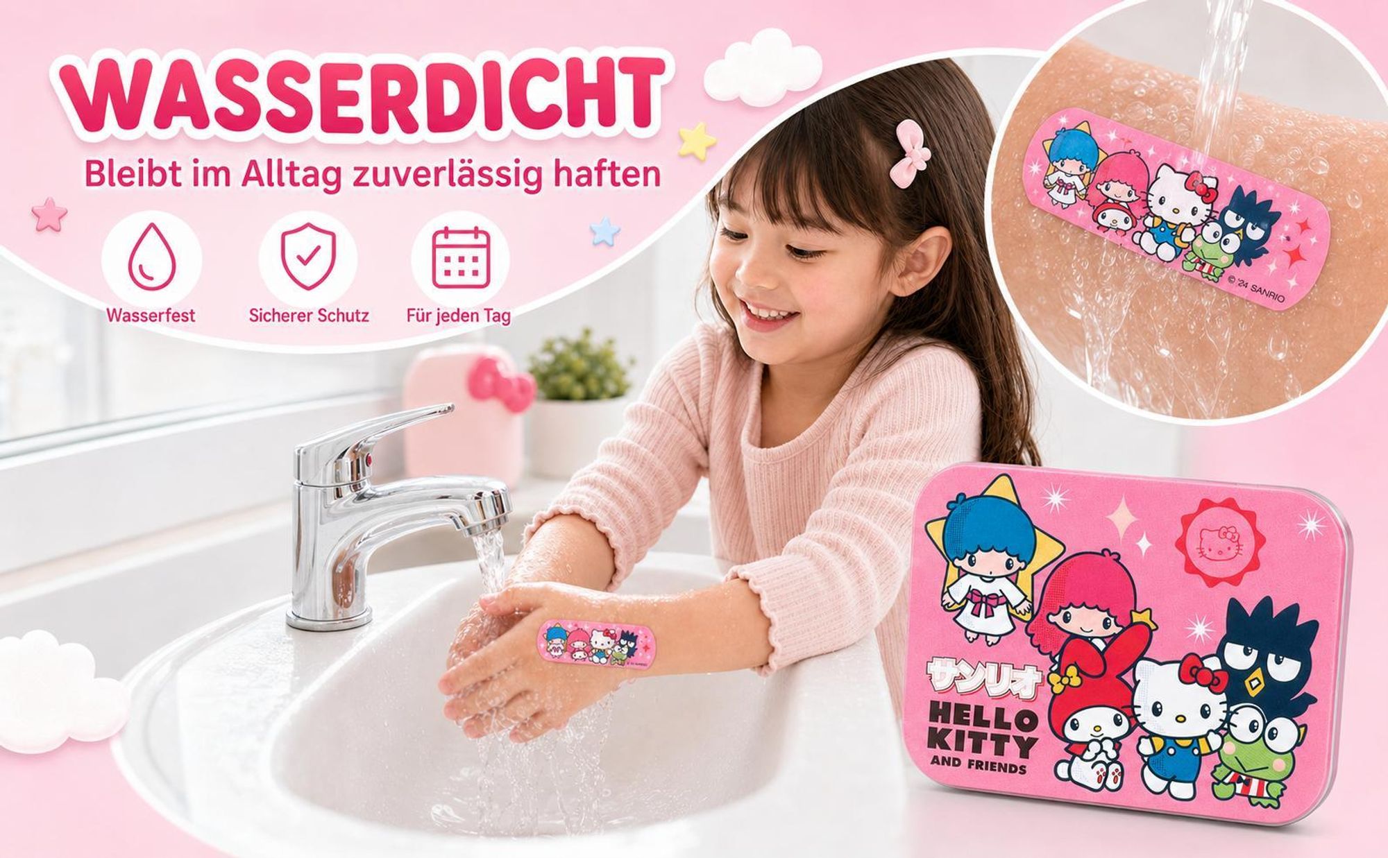 Hello Kitty Friends Kinderpflaster Lizensiertes Produkt - Metall-Box - 24 Pflaster - Schönes Design Pflaster Aufbewahrungsbox für Kinder - 1 Box