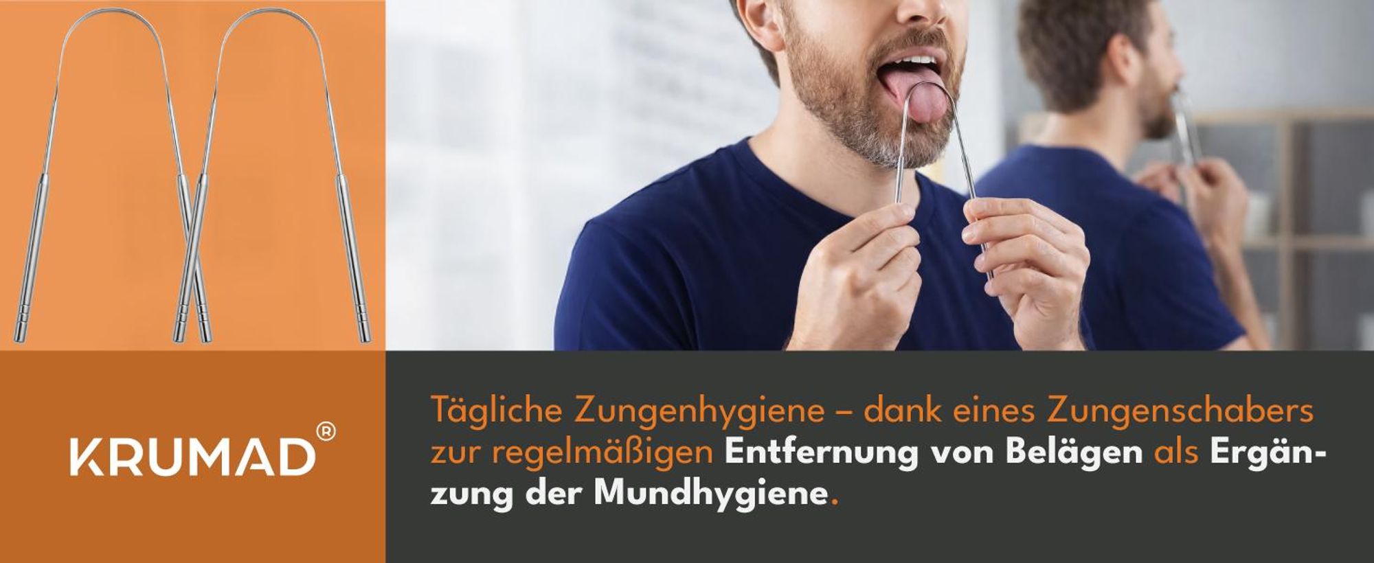 KRUMAD Zungenschaber aus Edelstahl 2er Set, Zungenreiniger gegen Mundgeruch, hygienischer Zungenreiniger aus 420 Edelstahl