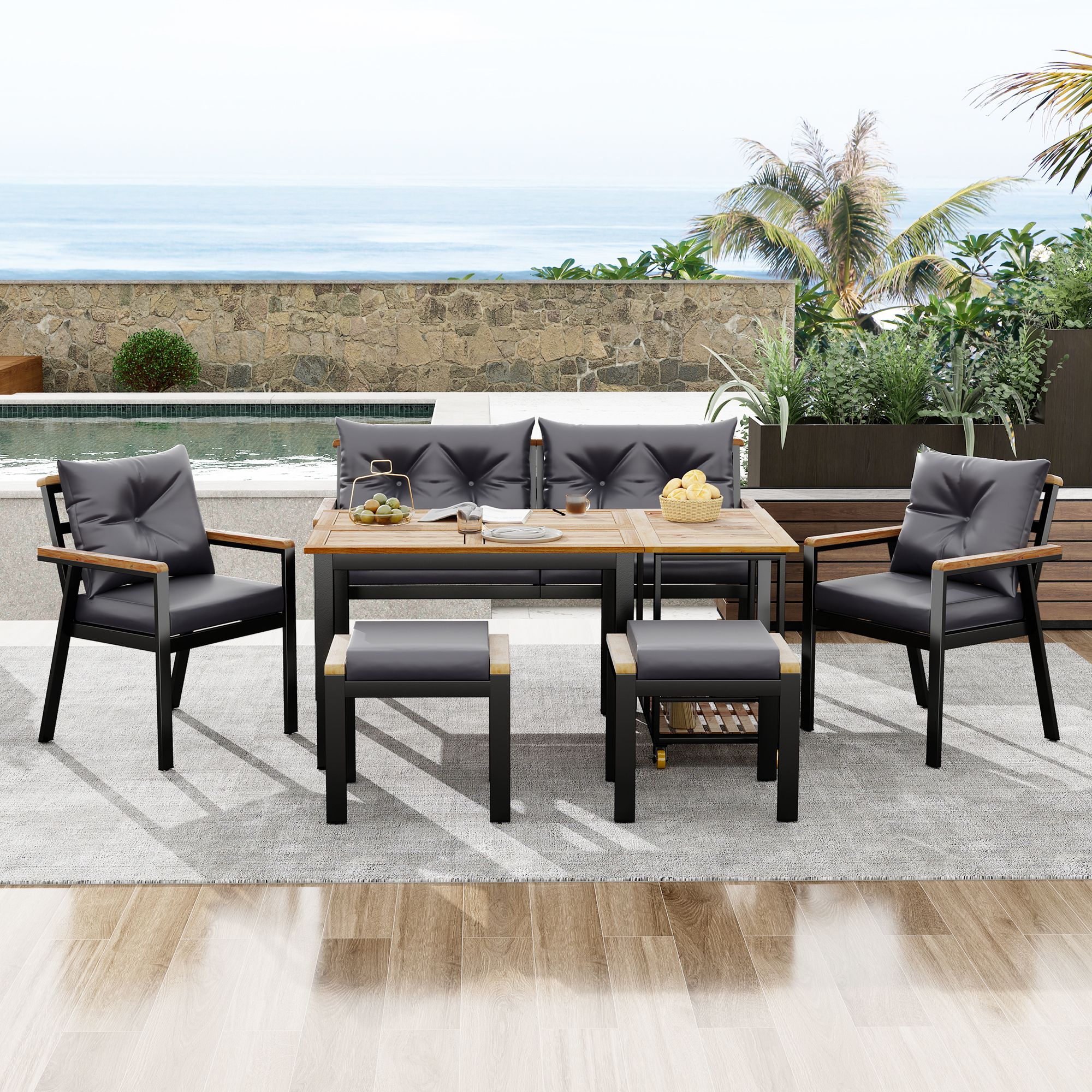 Merax Gartenlounge-Set aus Akazienholz und verzinktem Eisen, Essgruppe mit Sesseln, Hocker, Tisch & Servierwagen