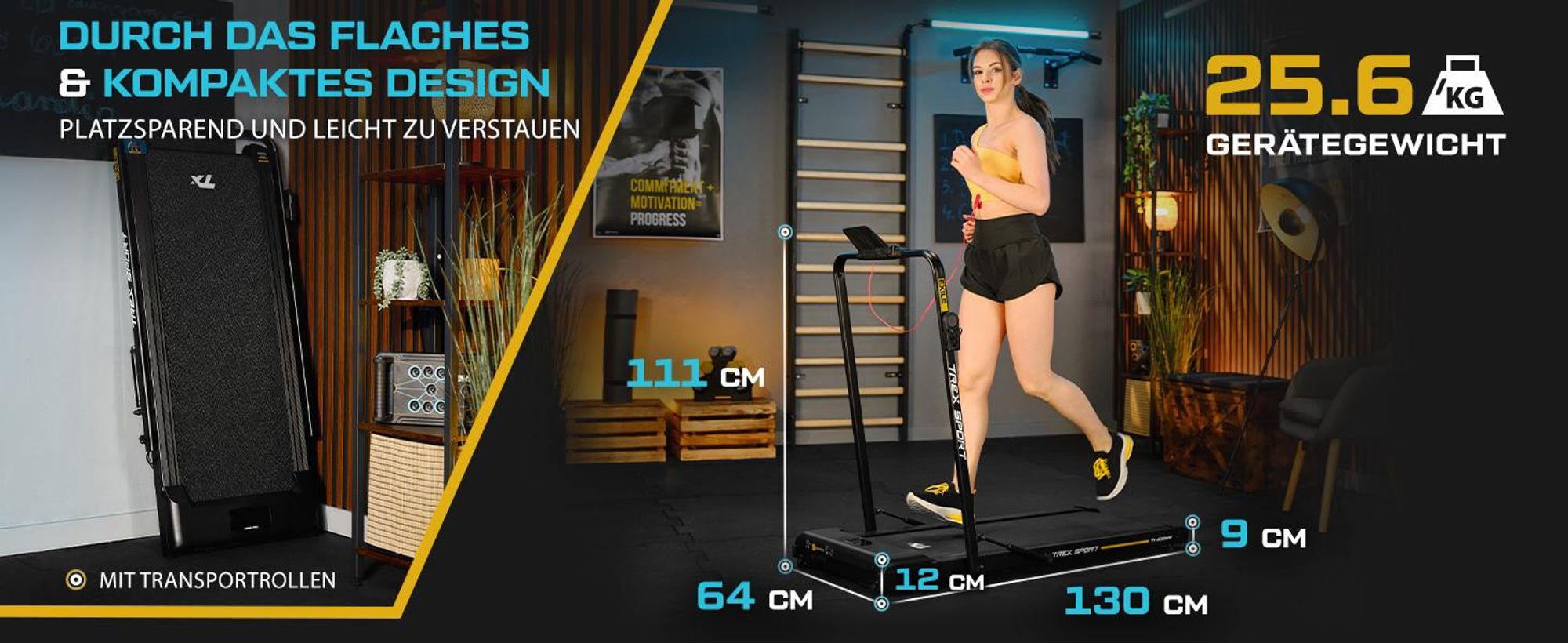 TREX SPORT Laufband für Zuhause klappbar elektrisch TX-400WP EXILE | Home-Office Walking Pad LED-Anzeige mit Bluetooth, bis 12 km/h, leiser Motor