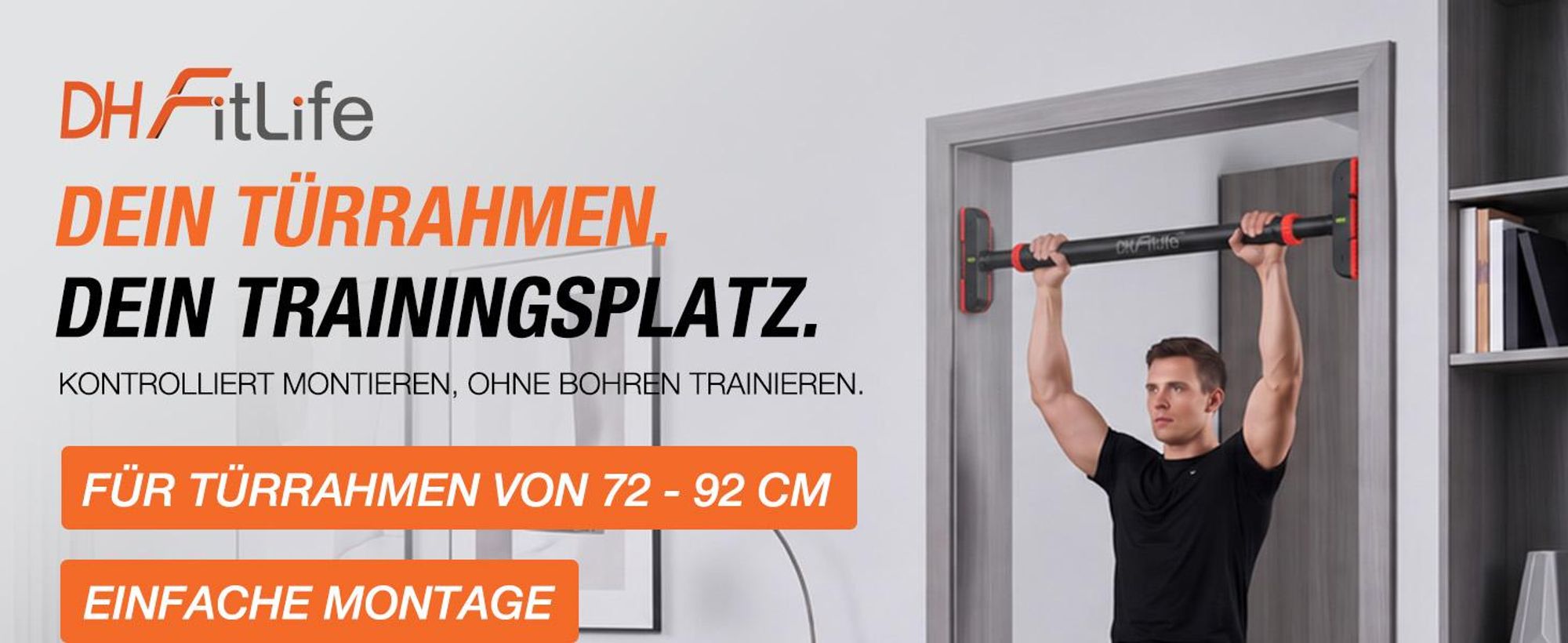 DH FitLife Klimmzugstange Türrahmen ohne Bohren, 72–92 cm, bis 200 kg, mit Wasserwaage, Doppelsicherung und Anti-Rutsch-Pads, Schwarz-Rot