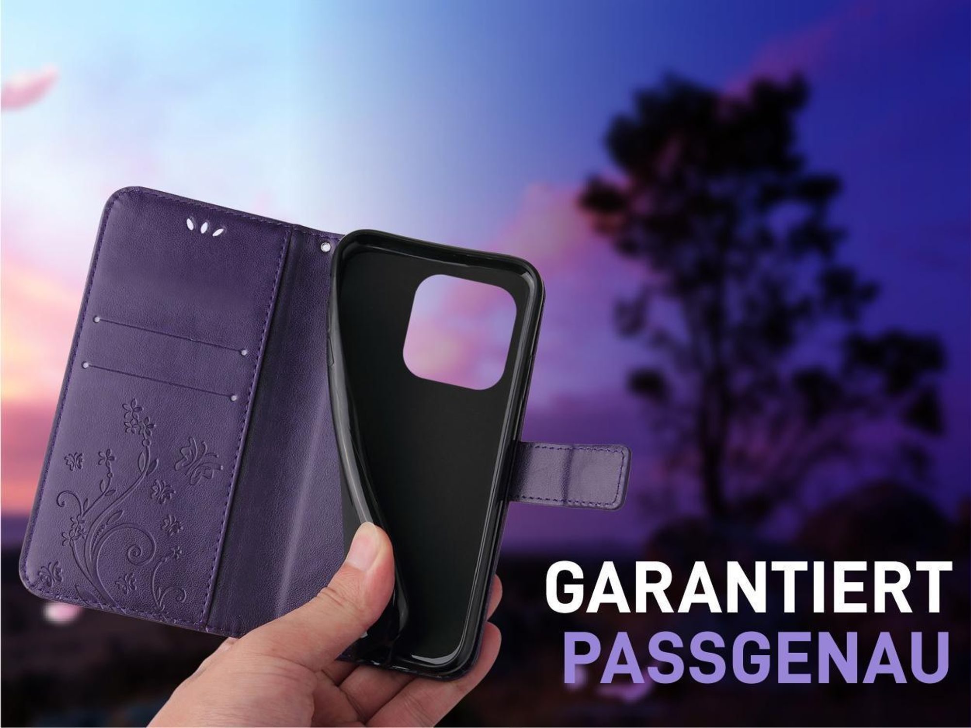 Handyhülle für Apple iPhone 16 Pro Max Floral Blumen Schmetterling Flip Cover Hülle Case Klapphülle Handytasche Farbe: Violett