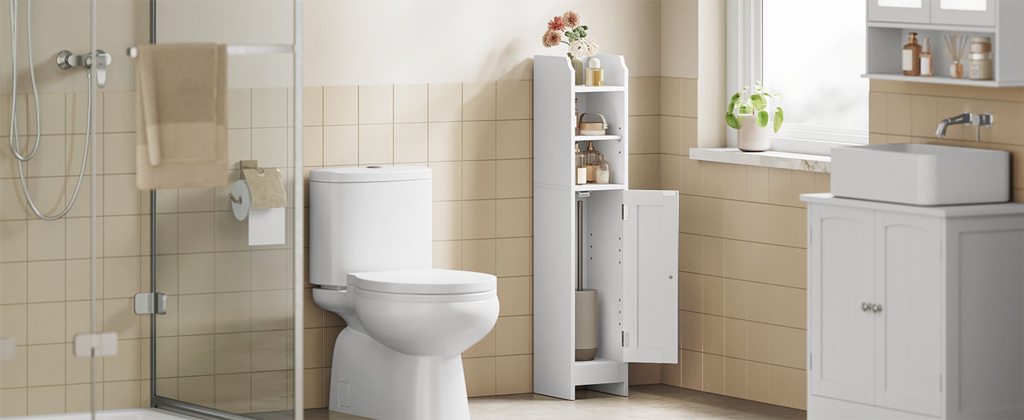 VASAGLE Badezimmerschrank klein, Badschrank schmal, stehend, mit Tür und Regal, kleiner Schrank, Toilettenschrank, verstellbare Ablagen