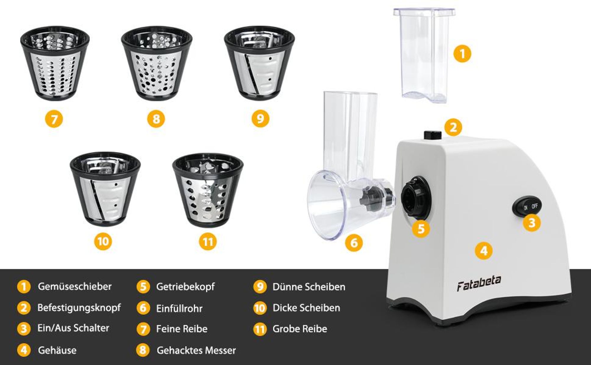 FATABETA 5-in-1 Elektrischer Gemüseschneider, 250 W, Multifunktionsreibe mit 5 Edelstahleinsätzen, BPA-frei, für Gemüse, Obst & Käse, Weiß