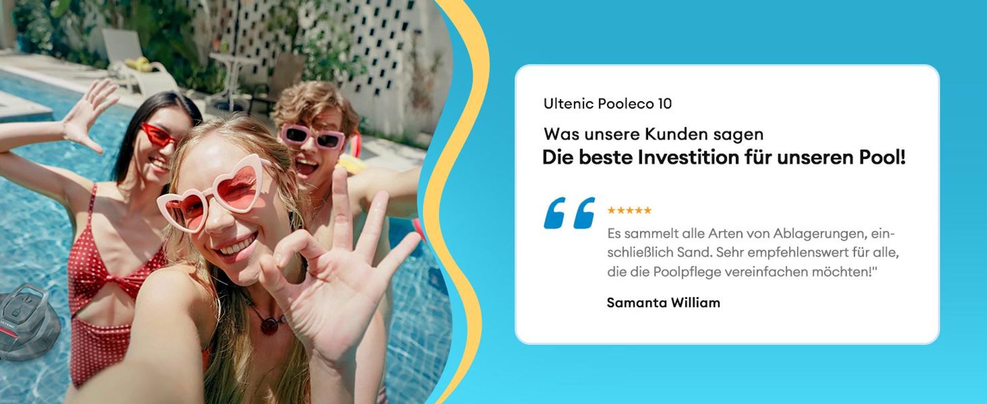 Ultenic Pooleco Poolroboter, Kabelloser Poolsauger Akku, 5200mAh, 90 Min, 2 Bürstenlose Motoren，Automatische Reinigung,2.5L Behälter,Selbstparker