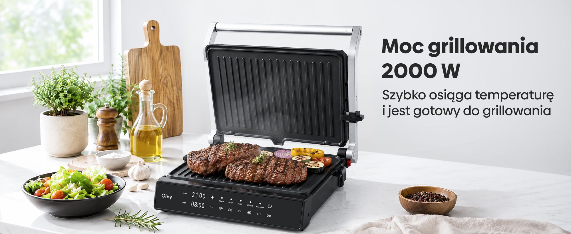 Grill kontaktowy Olvy, 2000 W, elektryczny grill i opiekacz do kanapek, 5 programów, opiekacz do panini, grill-toster do użytku w pomieszczeniach, płyty bez PFAS, grill stołowy