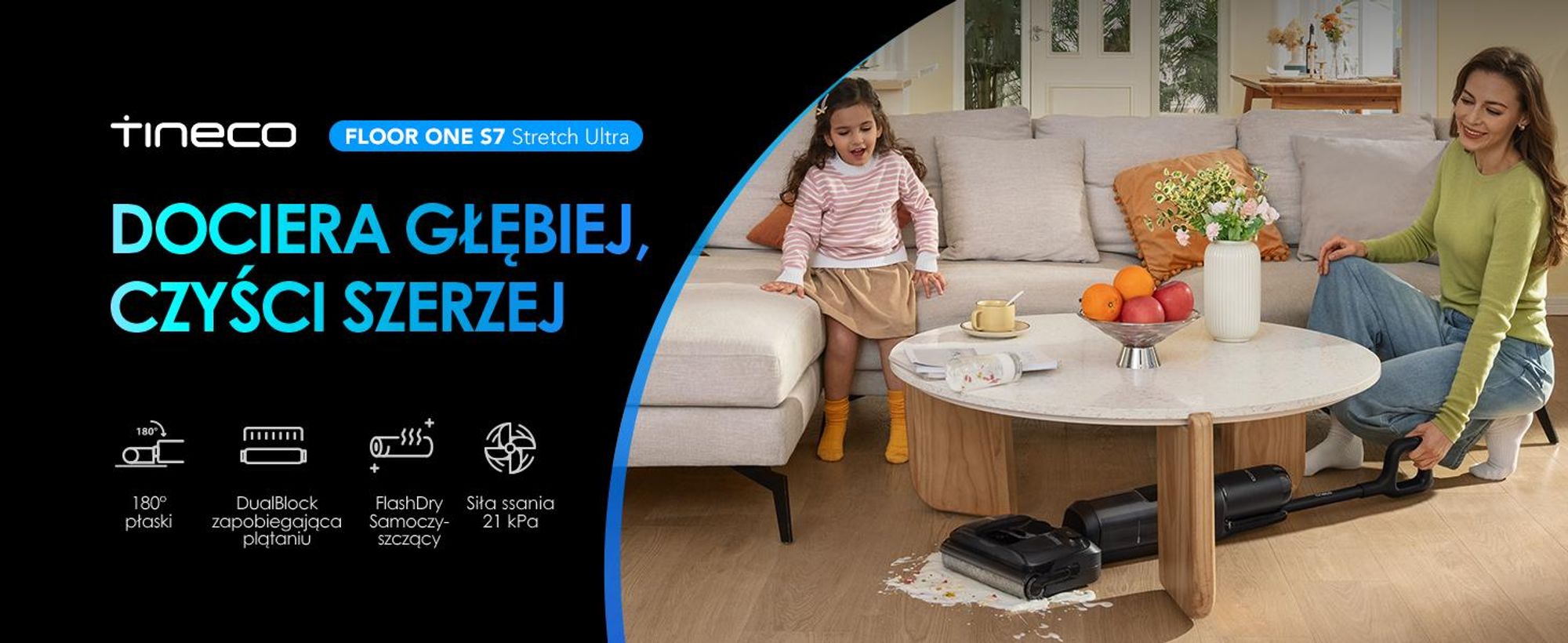 Tineco Floor ONE S7 Stretch Ultra odkurzacz bezprzewodowy 2w1 na mokro i sucho, FlashDry 85°C, 180° antysplątanie, 50 min pracy Flashdry 85℃