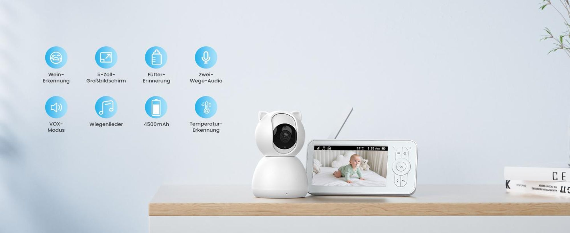 Babyphone mit Kamera und Audio ohne WLAN5 Zoll Display 30h Akkulaufzeit schwenkbar und neigbar 2xZoom Nachtsicht VOX Gegensprechfunktion mit Halterung