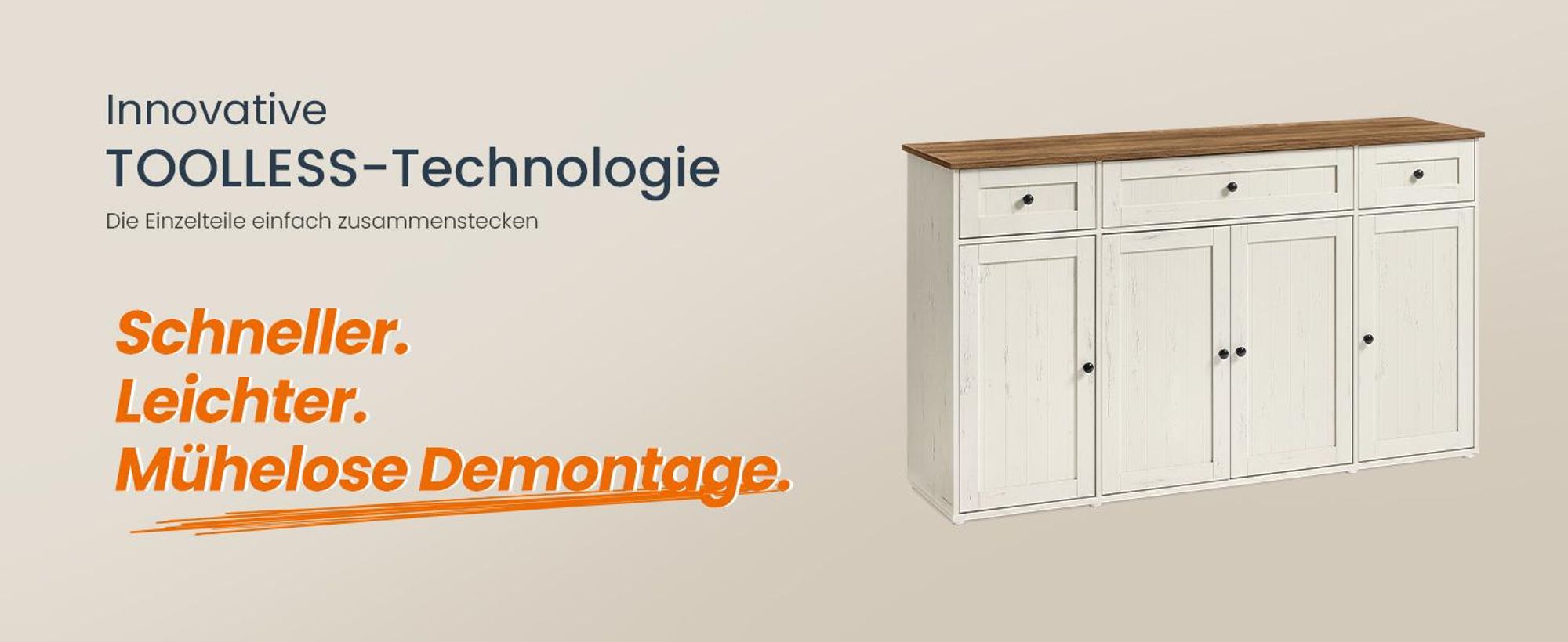 Sideboard, Toolless-Technologie, superschnelle werkzeuglose Montage, Küchenschrank mit Arbeitsplatte, weiß-braun