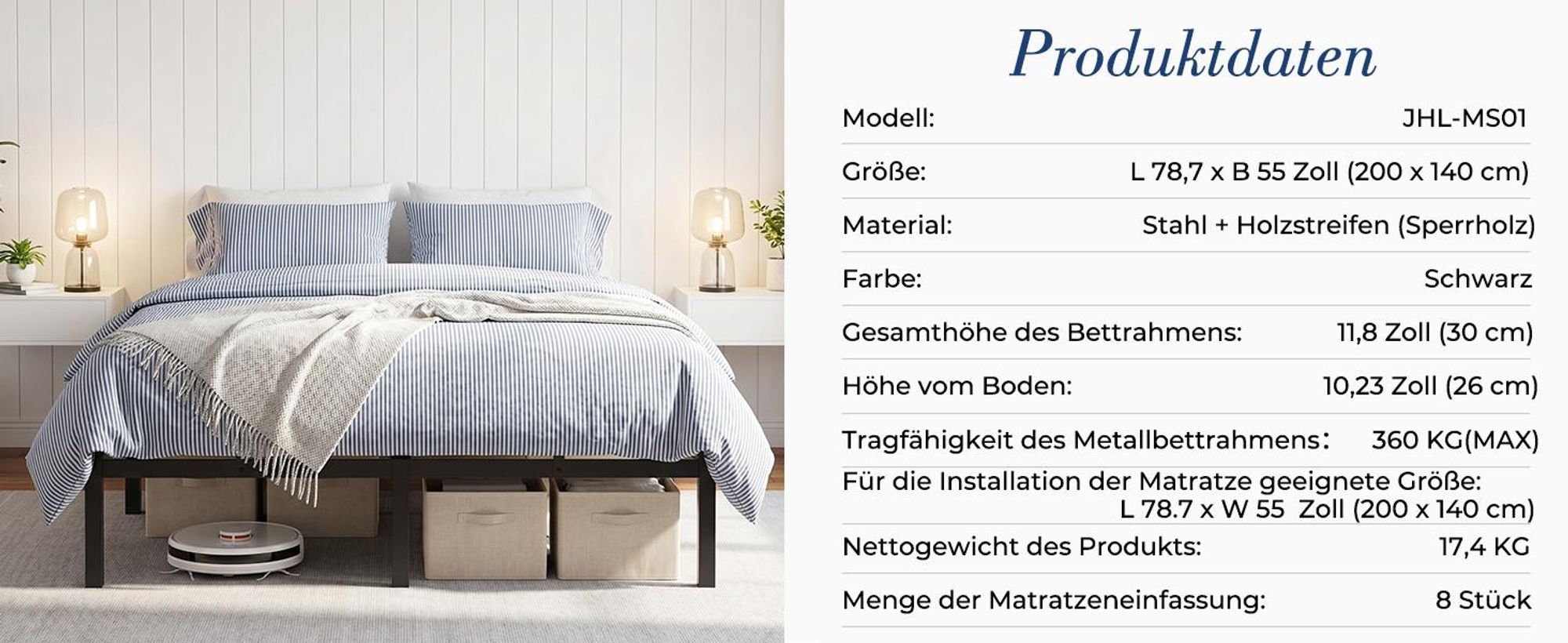 Metallbett 140x200 cm mit Lattenrost, Bettgestell aus Stahl & Holz, 360 kg Belastbar, 26 cm Stauraum, Geräuscharm, Einfache Montage, Schwarz
