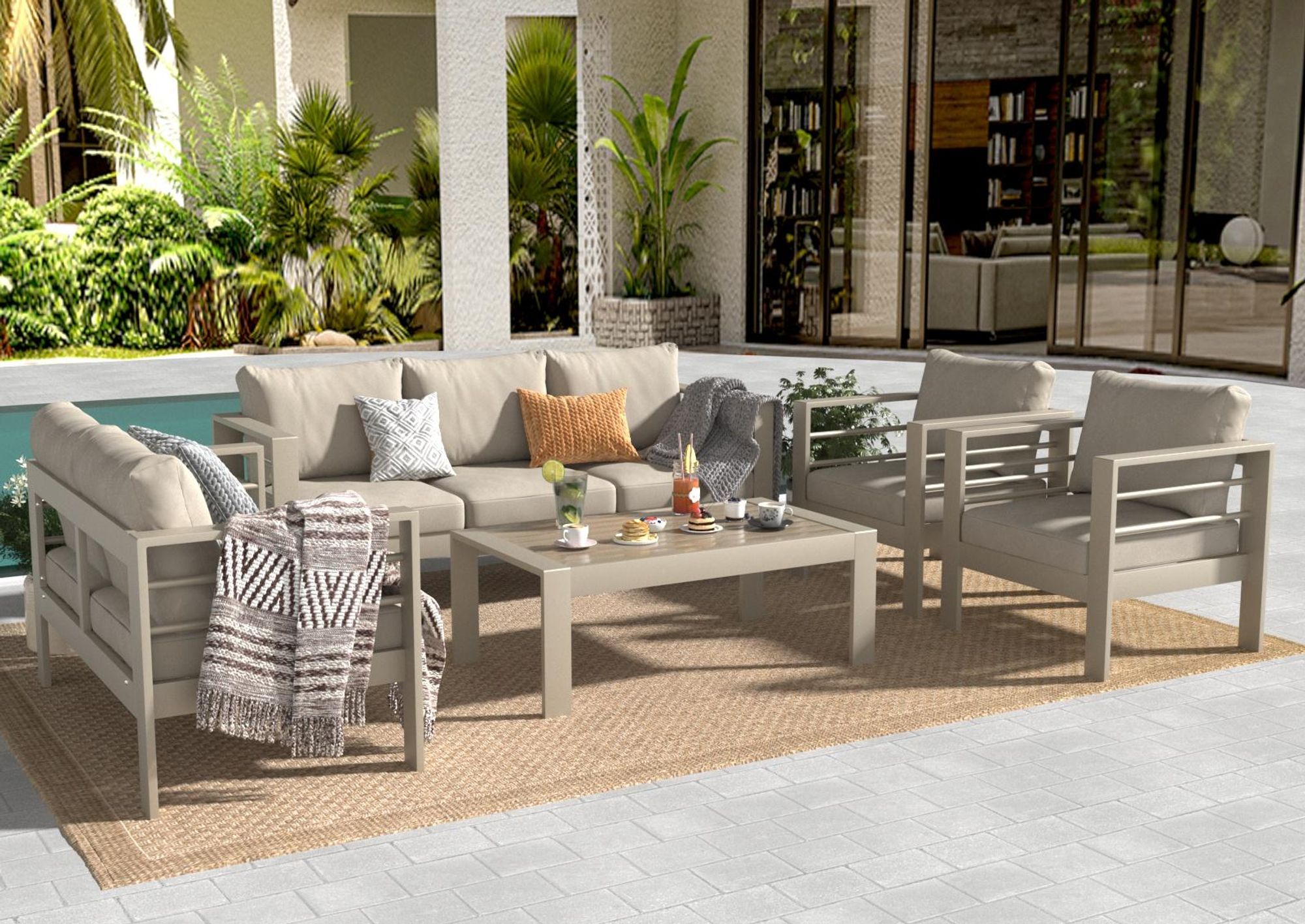 MeXo Gartenmöbel Set Beige Aluminium 6-7 Personen outdoor wetterfest, 12cm Deluxe Relax-Sitzkissen, Gartenlounge-Set 5-tlg. mit 8 cm breite Armlehnen