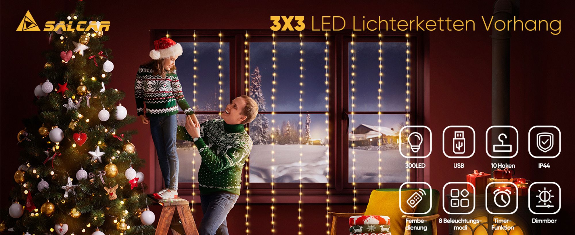 Salcar LED Lichterkette Lichtervorhang 3X3 m 200 LED Lichterkette Weihnachten USB mit Fernbedienung Timer 8 Modi für Fenster Hochzeit Party Deko